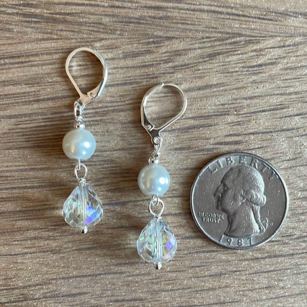 HAND CRAFTED DROP EARRINGS WITH PEARLS AND CRYSTALS White Pearls AB Crystals - Picture 8 of 12